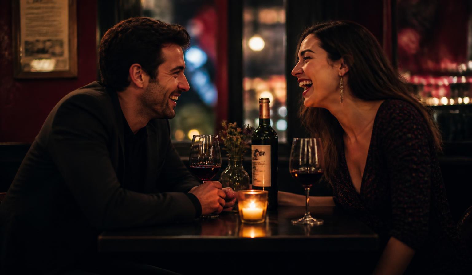 A man and a woman laughing together over a glass of wine on a first date