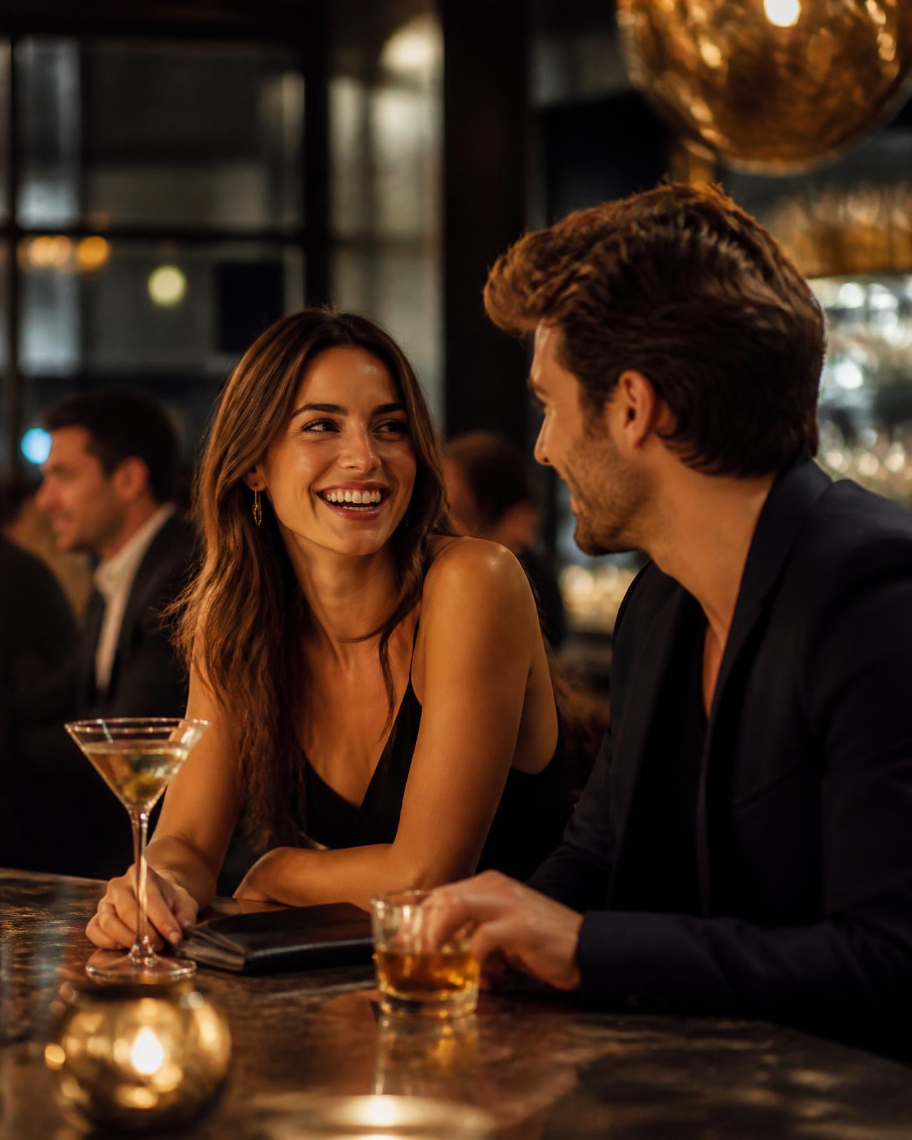 Two people laughing together on a first date in a modern city bar